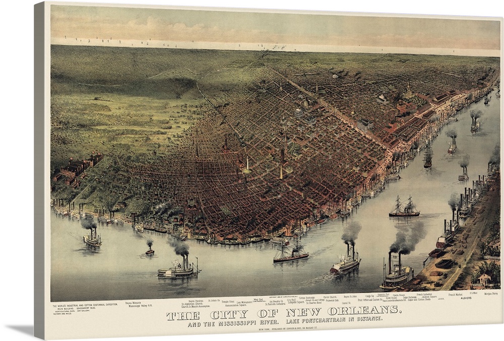 Huge antique illustration shows an aerial view of a famous city within Louisiana as it sits next to the Mississippi River ...