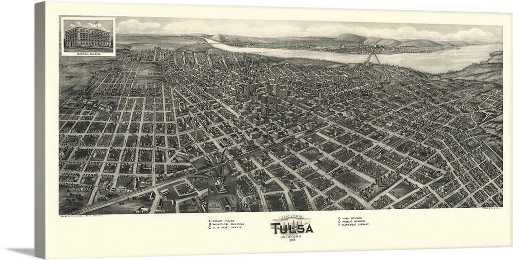 Old map of an aerial view of U.S. city.