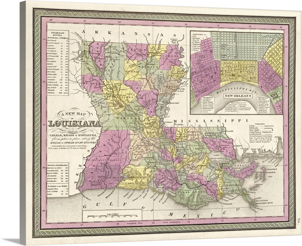 This large piece is an antique map of the state of Louisiana. Different colors are used to separate the counties.