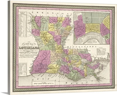 Vintage Map of Louisiana, with its Canals, Roads and Distances from Place to Place