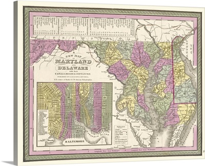 Vintage Map of Maryland and Delaware wih their Canals, Roads, and Distances