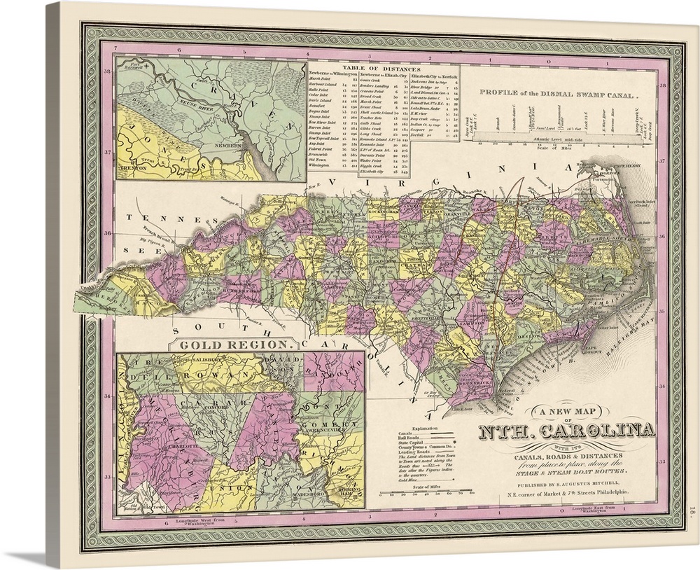 Vintage Map of North Carolina, with its Canals, Roads and Distances from Place to Place
