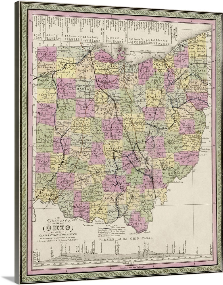 Vintage Map of Ohio with its Canals, Roads, and Distances Wall Art
