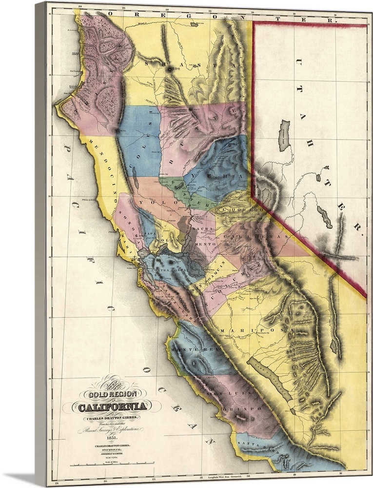 Big, vertical vintage map of the Gold Region of California, made up of multicolored sections, on a background resembling o...