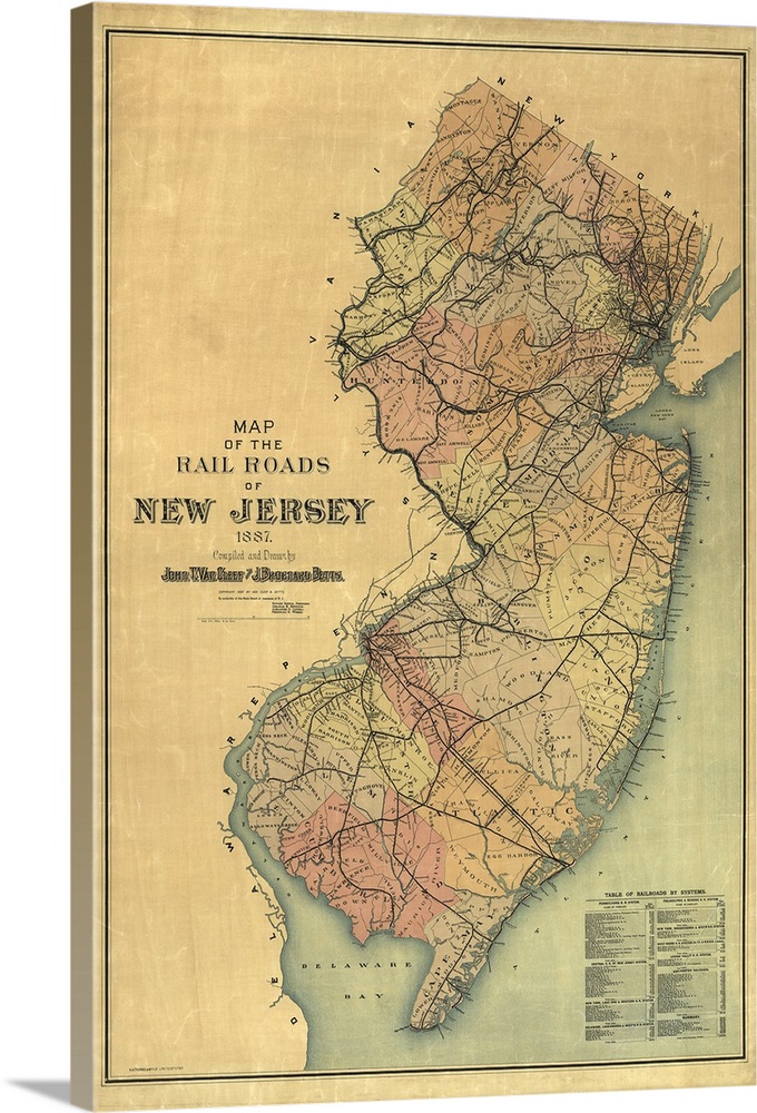 Large vertical vintage map of the New Jersey Rail Roads in 1887.  The background has a rough, parchment appearance.