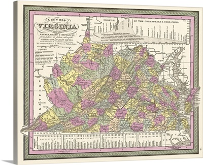 Vintage Map of Virginia with its Canals, Roads, and Distances from Place to Place