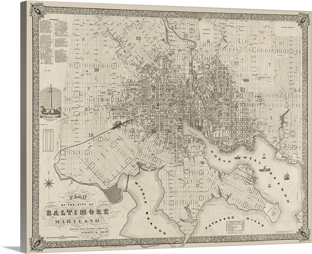 Landscape, large wall hanging of a detailed vintage map plan of Baltimore, Maryland.