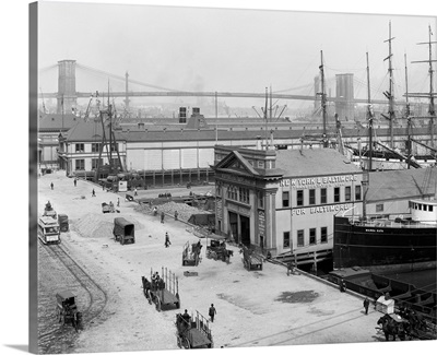 Vintage photograph of South Street Piers and Brooklyn Bridge, New York City