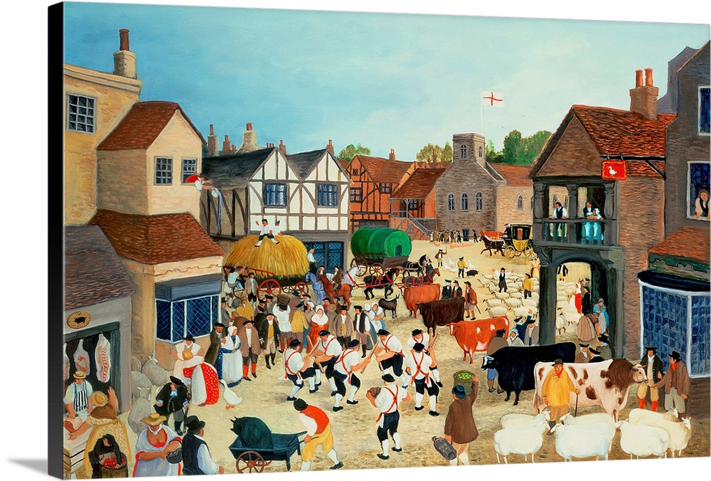 Contemporary painting of people in a market square with livestock.