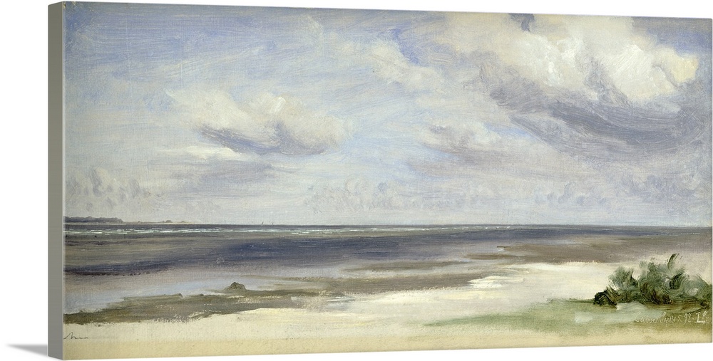 Traditional panoramic painting of seashore with small grass patch under a cloudy sky.