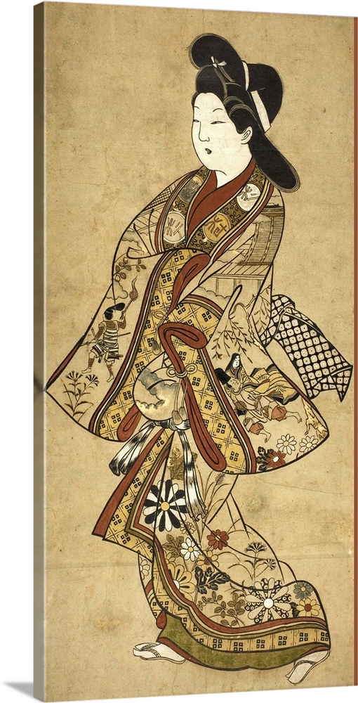 A Beauty Walking, 17th century, hand-coloured woodblock print.