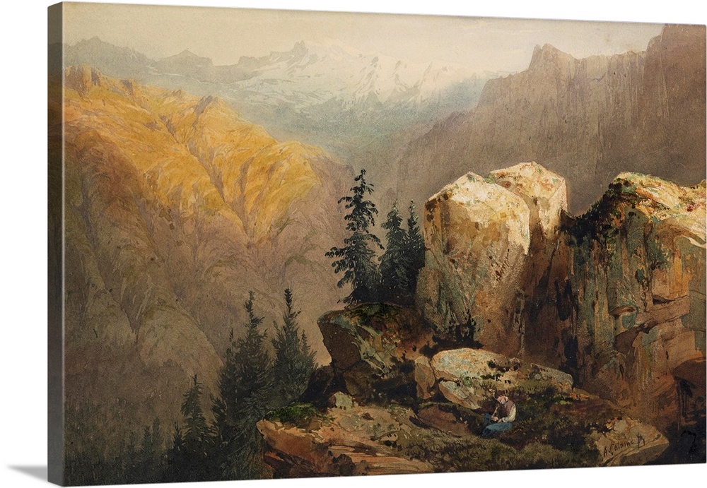 A Boy Asleep Next to a Rocky Outcrop, watercolor on paper.  By Alexandre Calame (1810-64).