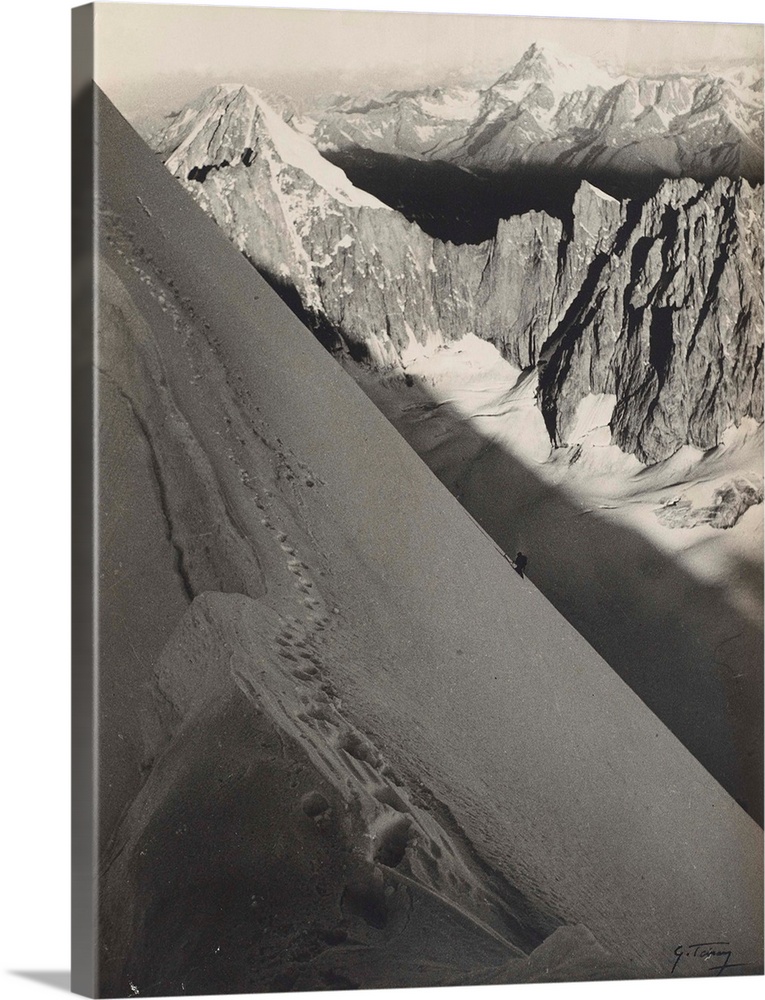 A climber ascending the North East face of les Droites, Chamonix, France, silver gelatin print.  By Georges Tairraz (1868-...