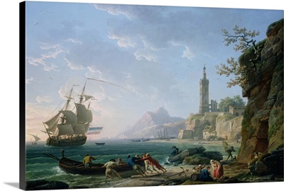 A Coastal Mediterranean Landscape with a Dutch Merchantman in a Bay, 1769
