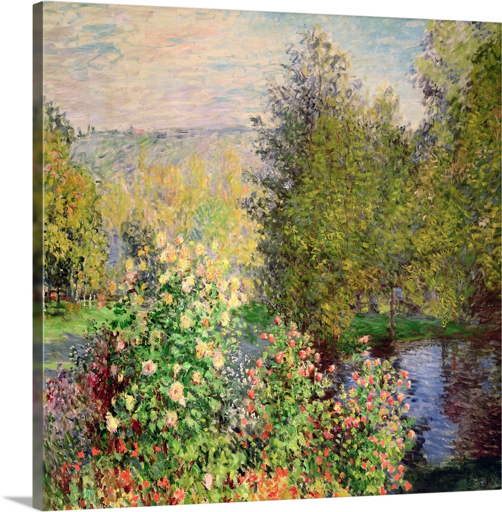 Oil on canvas of a luscious garden with flowers by a river.