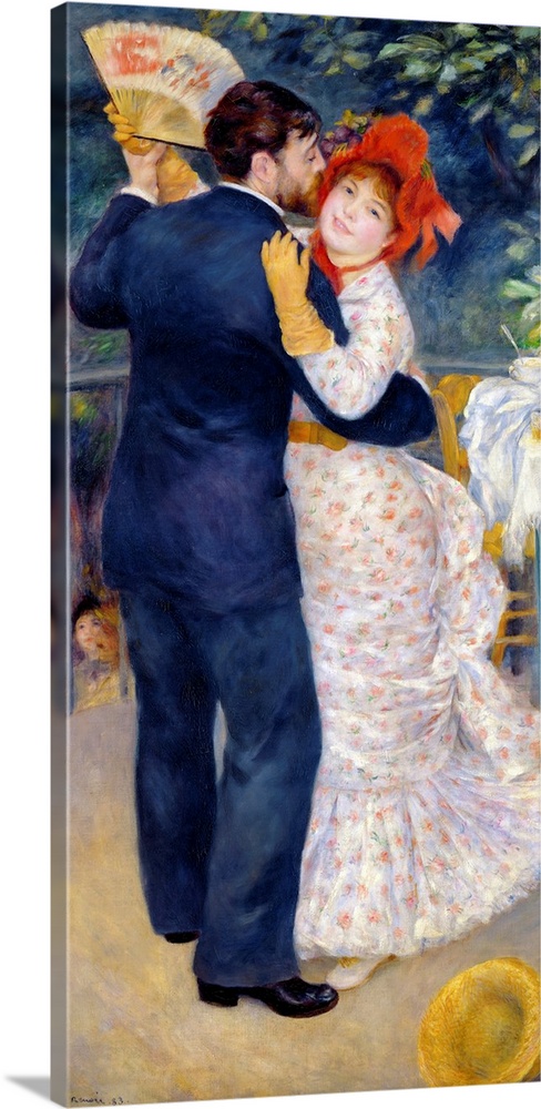 This large oil painting is of a couple dancing with a table and foliage just behind them. The man is wearing a suit while ...