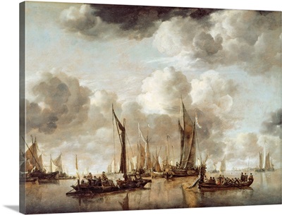 A Dutch Yacht Firing a Salute as a Barge Pulls Away, 1650