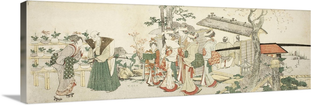 A Group of Young Women Entering the Garden of a Horticulturist, colour woodblock print; surimono.