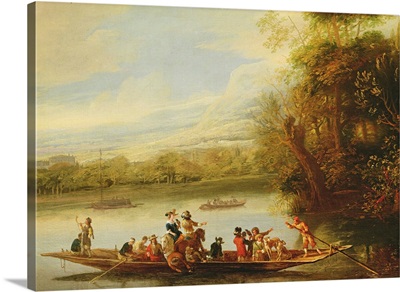 A landscape with a crowded ferry crossing the water in the foreground