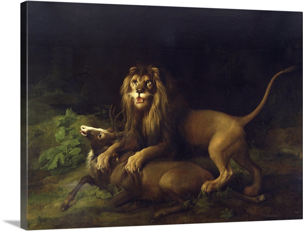 Painting by George Stubbs of a lion attacking a stag.
