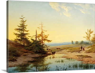 A moorland with figures and cattle by a pond