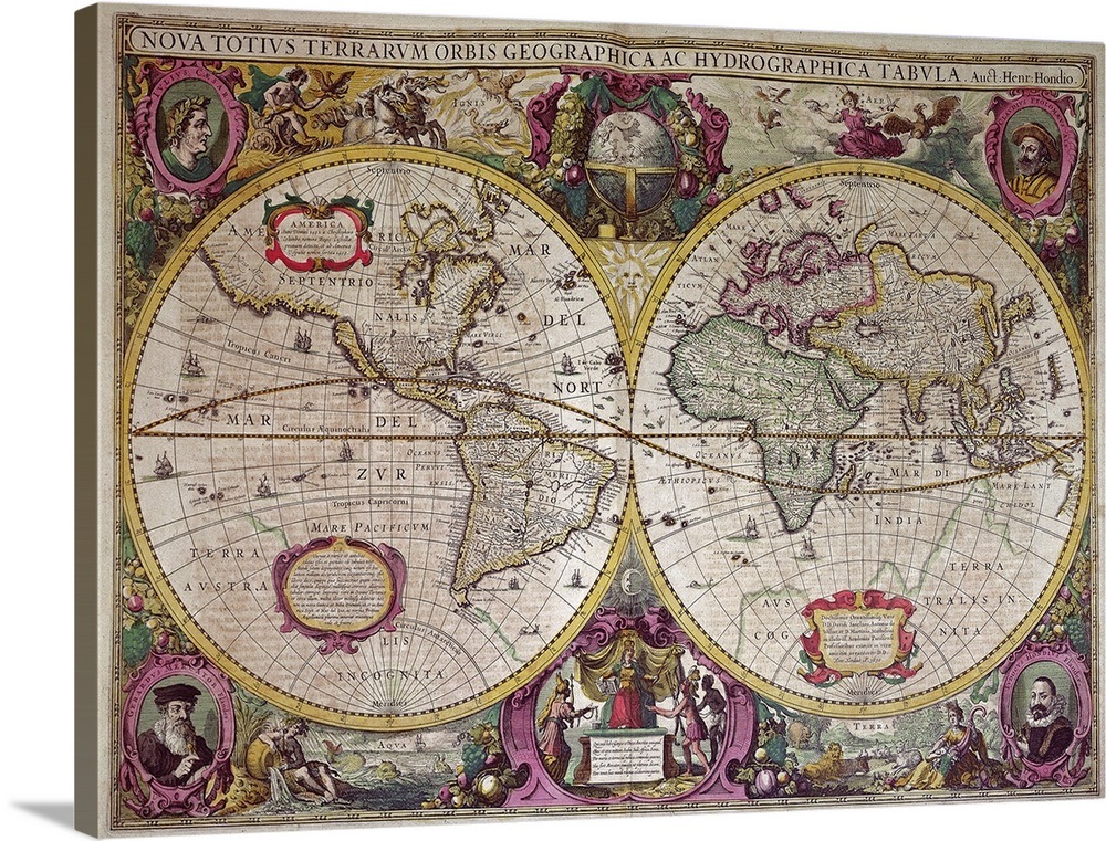 A New Land and Water Map of the Entire Earth, 1630 Wall Art, Canvas ...