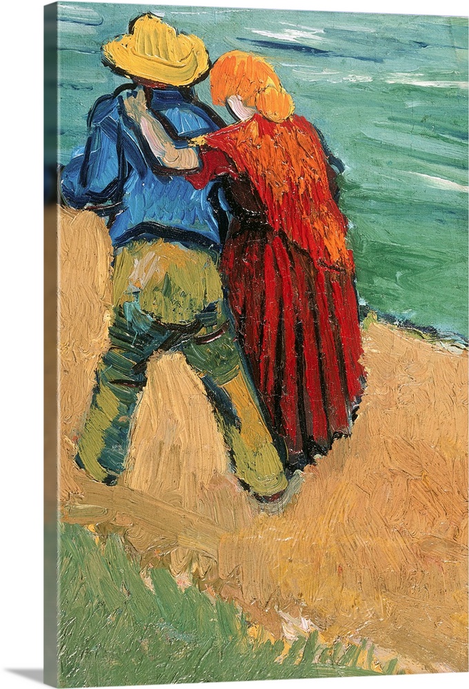Post-Impressionist Van Gogh painting of a couple in love walking down a dirt path.