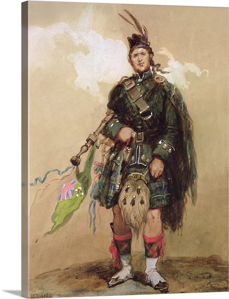 BAL16580 A Piper of the 79th Highlanders at Chobham Camp in 1853 by Lami, Eugene-Louis (1800-90)