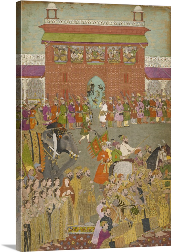 A Procession Scene with Musicians, from a copy of the Padshanama, Mughal period, mid 17th century, opaque watercolor and g...