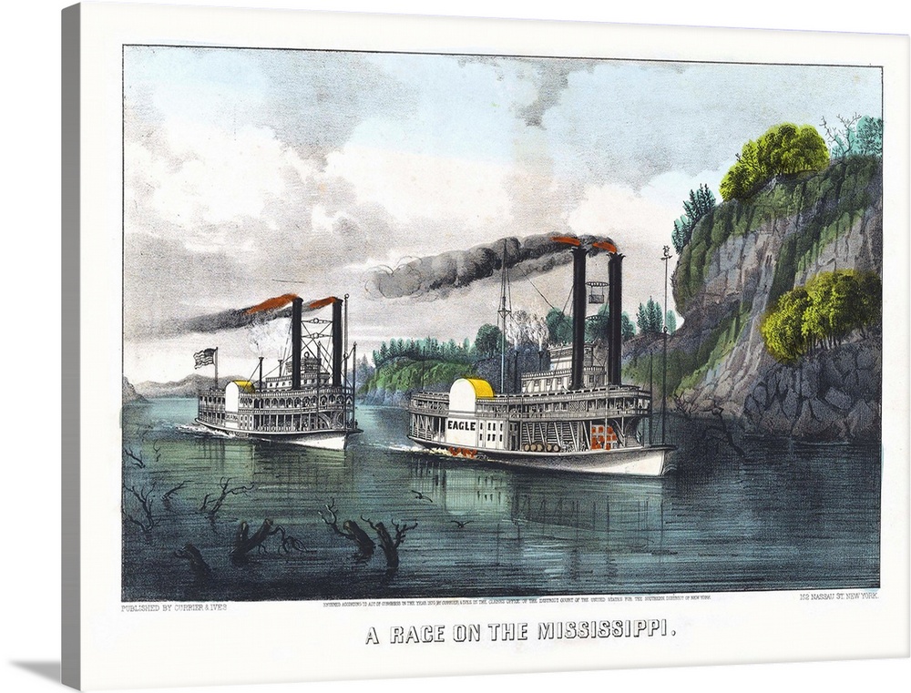 A Race on the Mississippi, 1870 (originally hand-coloured lithograph) by Currier, N. (1813-88) and Ives, J.M. (1824-95)