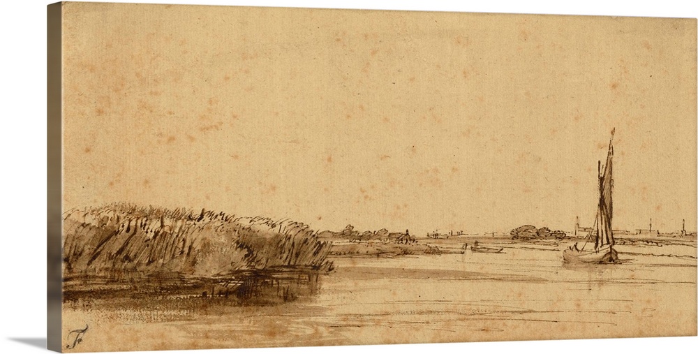 A Sailing Boat on a Wide Expanse of Water, c. 1650, pen and brown ink and brown wash, on tinted paper.  By Rembrandt van R...