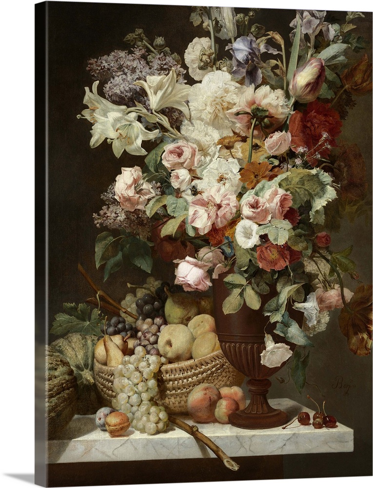 A still life of flowers including lilac, roses, tulips and lilies in an urn with a basket of fruit and a melon upon a marb...