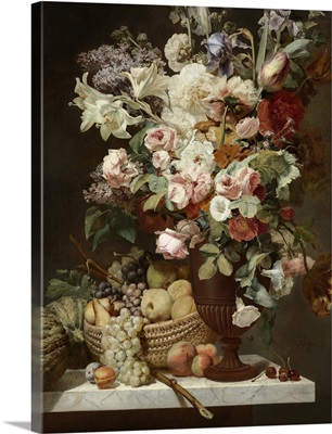 A still life of flowers including lilac, roses, tulips and lilies in an urn