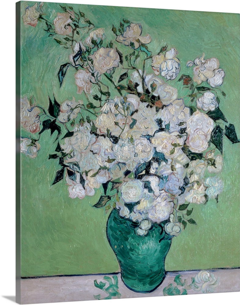 Painting on canvas of flowers in a vase with a few petals on the table it is sitting on.
