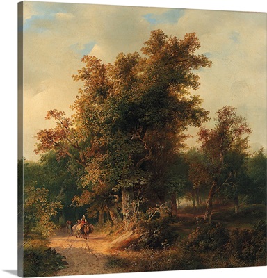 A wooded landscape with travellers on a sandy track