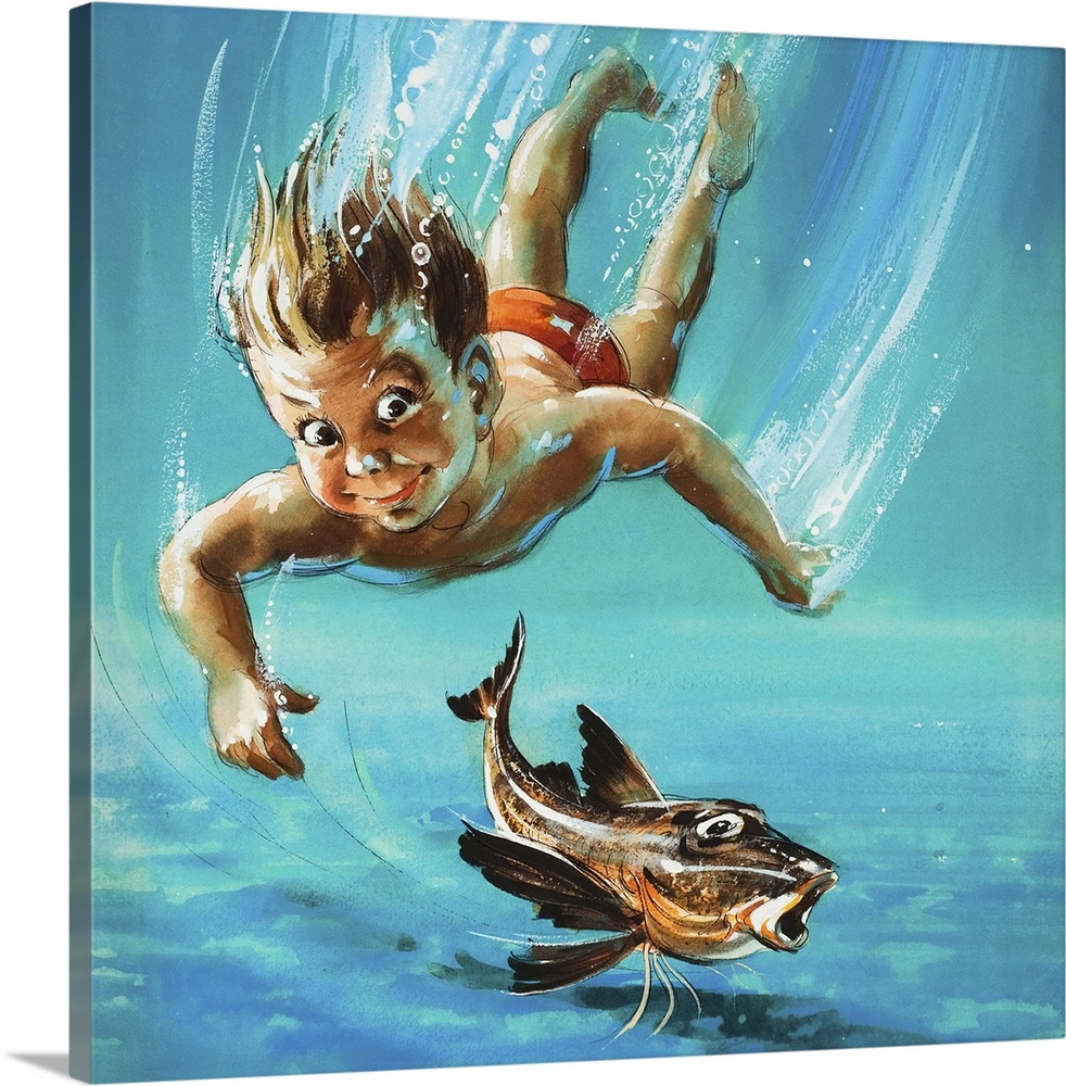 A young child diving as a tropical fish is startled.