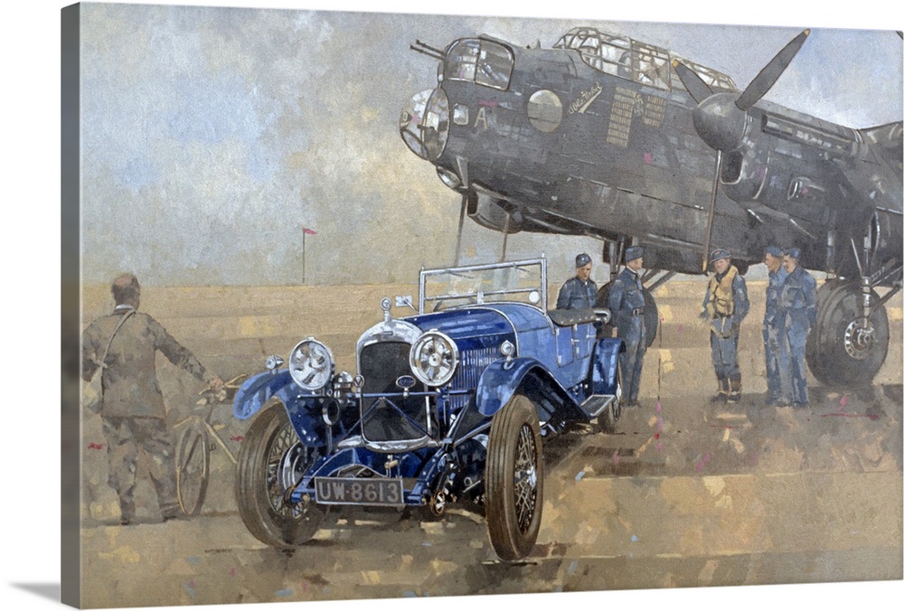 Oil painting of vintage aircraft and car surrounded with soldiers, pilots, and a man on a bike standing by.