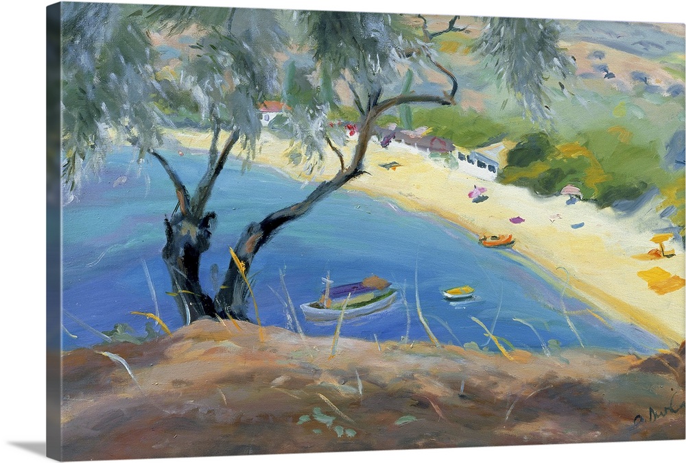 Oversized landscape painting of a single tree on a hillside, overlooking blue waters with several boats and a small beach ...