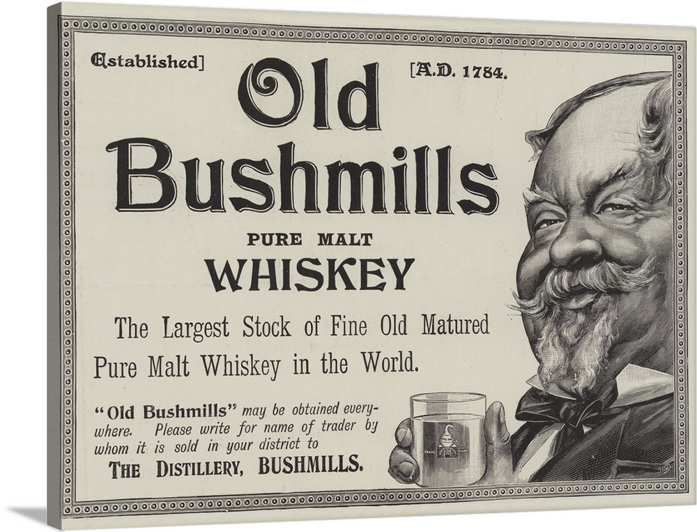 Advertisement, Old Bushmills Whiskey. Illustration for The Illustrated London News, 21 November 1896.