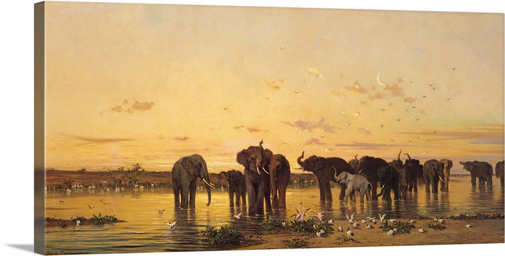An oil painting of elephants at dusk standing in shallow water with birds scattered throughout the air and on the ground.