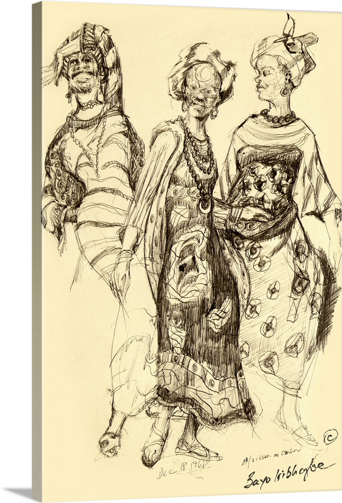 Graphite illustration of three ladies in traditional African garb, including beaded jewelry and patterned dresses.