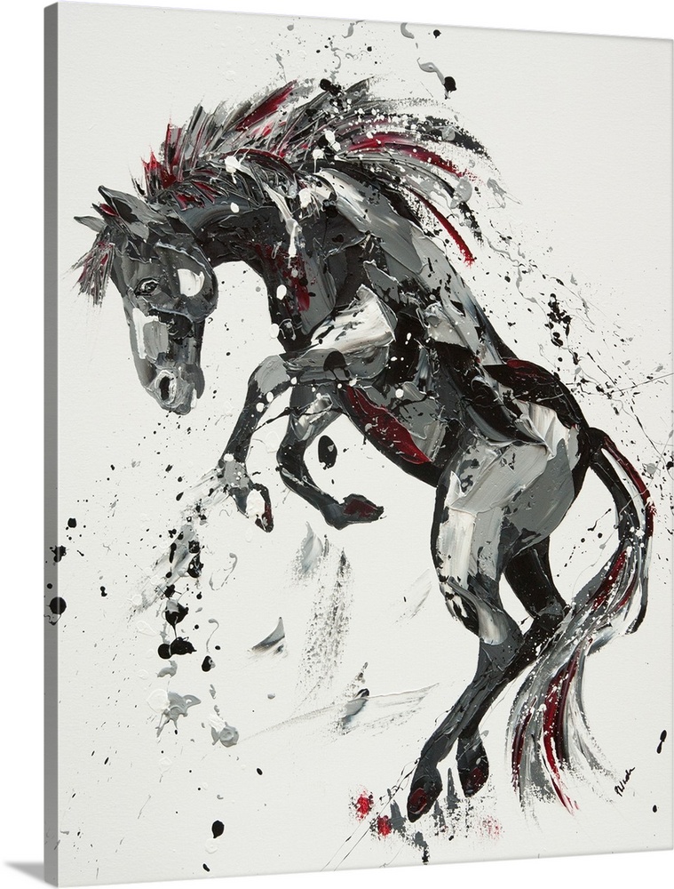 Contemporary painting of a rearing horse in shades of black with red.