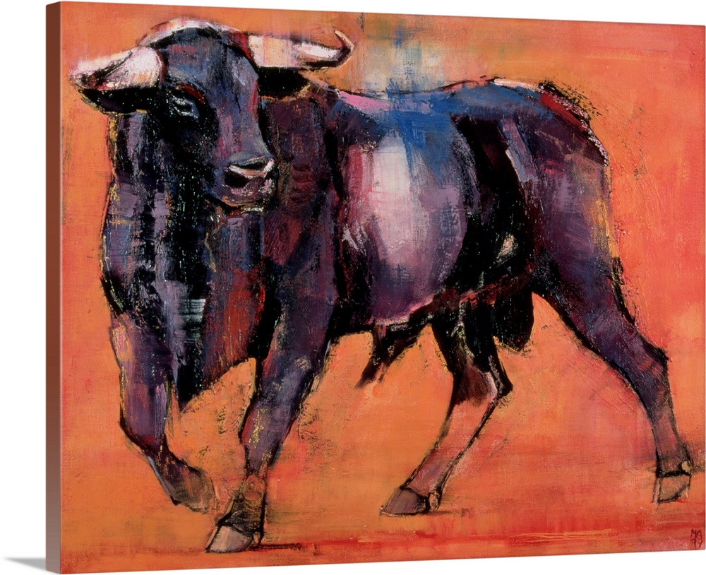 Contemporary oil painting of a bull, head turned, with dark coat and large horns on a rusty orange background.