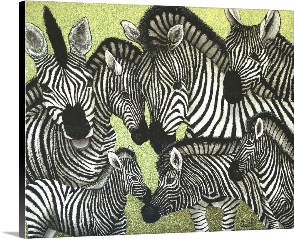 Contemporary painting of a herd of zebras against a green background.