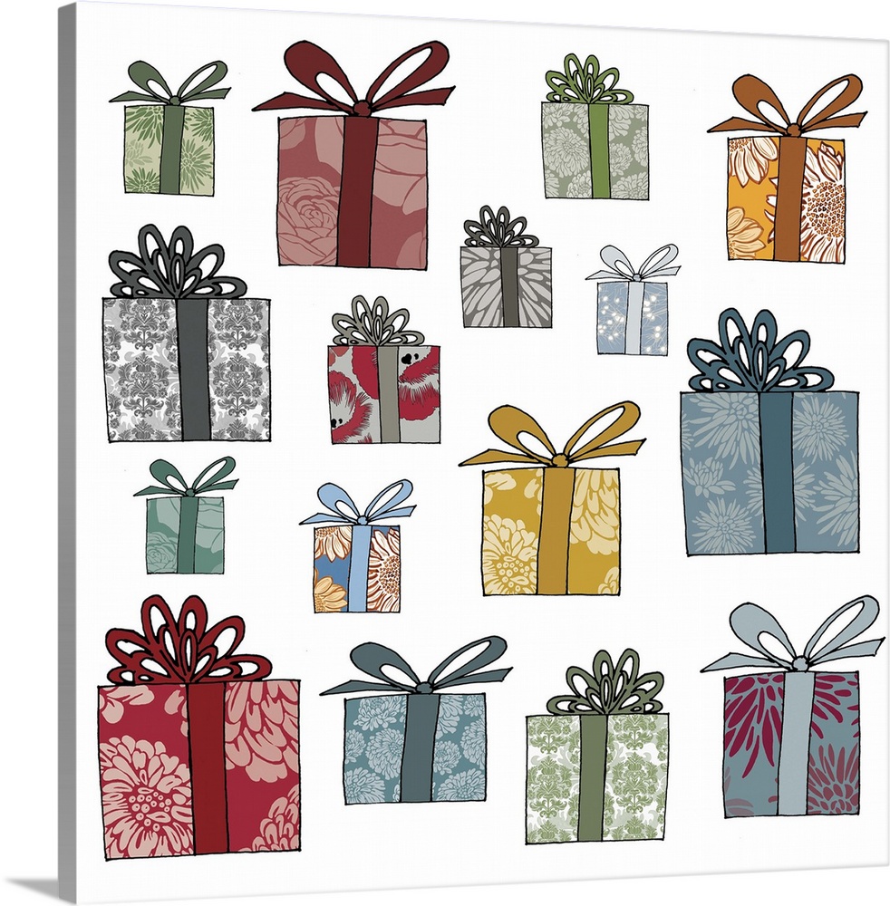 Contemporary artwork of a pattern of gifts against a white background.