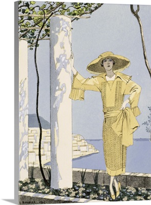 Amalfi, illustration of a woman in a yellow dress by Worth, 1922