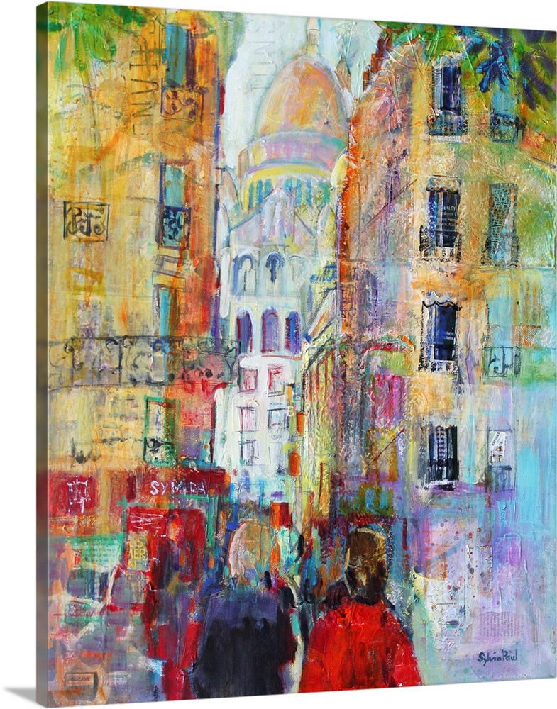 Contemporary painting using bright vivid colors to show a city street scene.