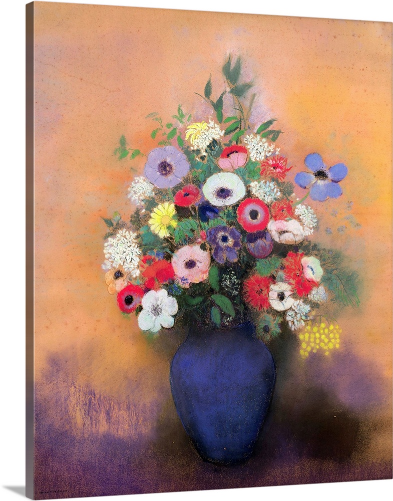 XIR71346 Anemones and lilac in a Blue Vase, after 1912 (pastel)  by Redon, Odilon (1840-1916); pastel on paper; 73.8x59.7 ...