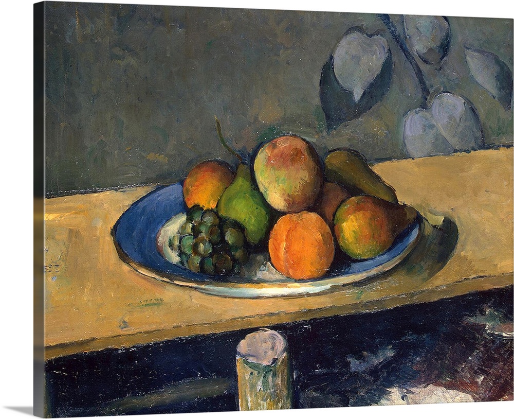 A classic artwork piece of a plate of fruit that sits atop a wooden table.