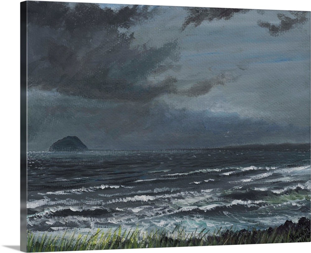 Contemporary painting of an idyllic seascape under stormy clouds.